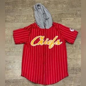 NFL Kansas City Chiefs Red and Gray Striped Hooded Jersey Shirt